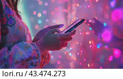 A person is holding a phone with "like", "message", "comment" and "like" notification icons floating above the smartphone screen, as well as with social networks and digital communications. Стоковое AI-видео, аниматор Терехова Марина / Фотобанк Лори