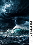 Dramatic scenery of tornado at urban skyline, giant tsunami waves at dark stormy sky with lightning bolt. Poster of meteorology climate problem. Apocalyptic scene, doomsday concept. Copy ad text space. Стоковое AI-изображение, AI-художник Aleksandr Golubev / Фотобанк Лори