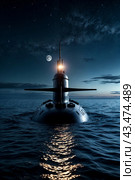 Surfaced unknown nuclear submarine at north night waters in open sea/ocean. Sub military control of sea, protection of water. Naval forces army, military war technology concept. Copy ad text space. Стоковое AI-изображение, AI-художник Aleksandr Golubev / Фотобанк Лори