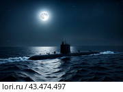 Surfaced unknown nuclear submarine at north night waters in open sea/ocean. Sub military control of sea, protection of water. Naval forces army, military war technology concept. Copy ad text space. Стоковое AI-изображение, AI-художник Aleksandr Golubev / Фотобанк Лори