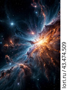 Celestial space phenomenon as supernova with exploding stars cosmic shock waves and radiant nebula on night sky. Perfect background for poster. Cosmic science spectacle concept. Copy ad text space. Стоковое AI-изображение, AI-художник Aleksandr Golubev / Фотобанк Лори