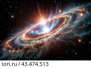 Celestial space phenomenon as supernova with exploding stars cosmic shock waves and radiant nebula on night sky. Perfect background for poster. Cosmic science spectacle concept. Copy ad text space. Стоковое AI-изображение, AI-художник Aleksandr Golubev / Фотобанк Лори