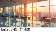 A foyer with tables and chairs on a large floor in the business center with a view of the city and the river at sunset. Стоковое AI-изображение, AI-художник Ярославский Максим / Фотобанк Лори