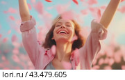 A woman is joyfully throwing petals up in the air, expressing happiness and delight. Стоковое AI-видео, аниматор Юрий Поздников / Фотобанк Лори