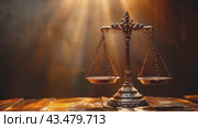 Legal office of lawyers, justice and law concept : Retro balance scale of justice on a desk in a courtroom, depicting giving fair and objective consideration to all evidence, without showing bias. Стоковое AI-видео, аниматор Ирина Михайличенко / Фотобанк Лори