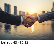 Businessmen shake hands on the background of a city street. Стоковое AI-изображение, AI-художник Ярославский Максим / Фотобанк Лори