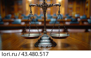 Legal office of lawyers, justice and law concept : Retro balance scale of justice on a desk in a courtroom, depicting giving fair and objective consideration to all evidence, without showing bias. Стоковое AI-изображение, AI-художник Ирина Михайличенко / Фотобанк Лори