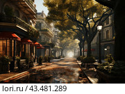 Picturesque city street decorated with trees and buildings with retro architecture. The street is illuminated with soft morning light, creating a warm and cozy atmosphere. Well-groomed bushes and flowers grow along the sidewalks, and in front of the cafe there are benches and tables with red awnings. Leaves falling on the sidewalk add autumn color to the scene. A light mist can be seen far in the background, adding depth and perspective to this enchanting cityscape. Стоковое AI-изображение, AI-художник Анна Кривицкая / Фотобанк Лори