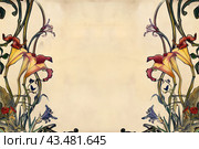Art deco style edges made up of day Lilies and morning glories, on a white background. Стоковое AI-изображение, AI-художник Ирина Ручушкина / Фотобанк Лори