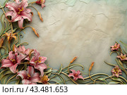 Art deco style edges made up of day Lilies and morning glories, on a white background. Стоковое AI-изображение, AI-художник Ирина Ручушкина / Фотобанк Лори