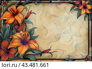 Art deco style edges made up of day Lilies and morning glories, on a white background. Стоковое AI-изображение, AI-художник Ирина Ручушкина / Фотобанк Лори
