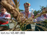 Женщины плетут венки из полевых цветов во время празднования белорусского праздника "Купалье" в парке "Останкино" города Москвы, Россия (2024 год). Редакционное фото, фотограф Николай Винокуров / Фотобанк Лори