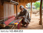 Traditional Indian weaver crafting on handloom in village settingries. Стоковое AI-изображение, AI-художник Анна Маркина / Фотобанк Лори