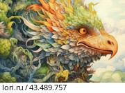 A fantastic mythological beast resembling a giant eagle or griffin with bright multi-colored feathers. A close-up of its head takes up a significant portion of the image, showing off its expressive orange eyes and powerful beak. Feathers create an effect of iridescent colors, ranging from orange and yellow to green, blue and white. Around the head of the mythical creature, elements of the natural environment are also visible, reminiscent of wavy plants and clouds, highlighting its connection with nature and mythological stories. Стоковое AI-изображение, AI-художник Анна Кривицкая / Фотобанк Лори