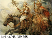 Two majestic mythical kings, one of whom is riding a mighty horse, and the other stands behind, holding a staff in his hand. Their clothes are decorated with complex patterns and precious stones. In their retinue, other mythical characters are visible, surrounded by haze and a mysterious atmosphere. The background is filled with mystical clouds and magical light, giving the impression that the characters are in a fairy tale world. Стоковое AI-изображение, AI-художник Анна Кривицкая / Фотобанк Лори