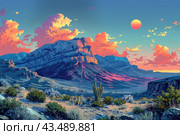 Picturesque desert landscape at sunset. A cactus is visible in the foreground, surrounded by shrubs and rare desert plants. In the center of the composition, mountains rise majestically, illuminated by the last rays of the setting sun, which creates impressive contrasts of shadows and bright spots of light. The sky is painted in warm tones of orange and pink, and the clouds add dynamism and depth to the image. The general atmosphere of the picture is the calm and grandeur of nature. Стоковое AI-изображение, AI-художник Анна Кривицкая / Фотобанк Лори