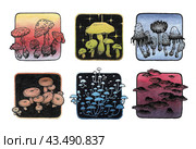 Набор радужных грибов. Set with rainbow mushrooms. Стоковая иллюстрация, иллюстратор Карнаухова Елена / Фотобанк Лори