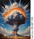Nuclear explosion is process of releasing large amounts of thermal and radiant energy as result of uncontrolled chain nuclear fission reaction in a very short time. AI generated. Thermonuclear fusion. Стоковое AI-изображение, AI-художник Юлия Петровская / Фотобанк Лори
