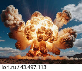 Nuclear explosion is process of releasing large amounts of thermal and radiant energy as result of uncontrolled chain nuclear fission reaction in a very short time. AI generated. Thermonuclear fusion. Стоковое AI-изображение, AI-художник Юлия Петровская / Фотобанк Лори
