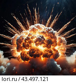 Nuclear explosion is process of releasing large amounts of thermal and radiant energy as result of uncontrolled chain nuclear fission reaction in a very short time. AI generated. Thermonuclear fusion. Стоковое AI-изображение, AI-художник Юлия Петровская / Фотобанк Лори