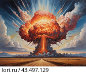 Nuclear explosion is process of releasing large amounts of thermal and radiant energy as result of uncontrolled chain nuclear fission reaction in a very short time. AI generated. Thermonuclear fusion. Стоковое AI-изображение, AI-художник Юлия Петровская / Фотобанк Лори