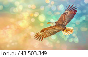 A bald eagle, a bird of Accipitridae family, is soaring in the sky with its wings outstretched. Стоковое AI-изображение, AI-художник Юрий Поздников / Фотобанк Лори