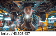 A man with a beard is inspecting the underside of a car using a flashlight in a mechanic shop. Стоковое AI-изображение, AI-художник Юрий Поздников / Фотобанк Лори