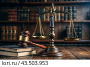 Justice and the law. A wooden hammer, books and scales on the table. The court session. Стоковое AI-изображение, AI-художник Photojuli / Фотобанк Лори