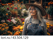 An elderly woman gardener with gray hair in overalls in a cozy flower greenhouse. The gardener takes care of the flowers. Стоковое AI-изображение, AI-художник Photojuli / Фотобанк Лори