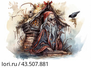 Fairy-tale grandmother in traditional Russian clothes, sitting at the porch of her wooden house. The house is decorated with dry branches, berries and a roof overgrown with moss. Grandma has long gray hair and a good-natured face with a sly smile. A black bird, possibly a crow, sits on the roof nearby. The picture is made in a watercolor style with attention to detail, creating a cozy and mystical atmosphere. Стоковое AI-изображение, AI-художник Анна Кривицкая / Фотобанк Лори