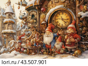 Festive scene in a winter village with gnomes. The central place is occupied by a large clock tower, decorated with New Year's toys and garlands. Dwarves in red and blue clothes are bustling around the tower, preparing for the holiday. One of the gnomes points at something, as if explaining an important task, while the other gnomes hold gifts and decorate the area. Snow-covered houses and tree branches are visible in the background, creating an atmosphere of a winter fairy tale and celebration. Стоковое AI-изображение, AI-художник Анна Кривицкая / Фотобанк Лори