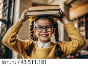 A pretty girl with glasses and books on her head. The child goes to school for the first time. A child in the fresh air. Back to school. Стоковое AI-изображение, AI-художник Photojuli / Фотобанк Лори