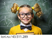 A pretty girl with glasses and books in her hands. The child goes to school for the first time. A child in the classroom on the background of a blackboard. Back to school. Стоковое AI-изображение, AI-художник Photojuli / Фотобанк Лори