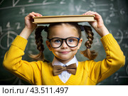 A pretty girl with glasses and books on her head. The child goes to school for the first time. A child in the classroom on the background of a blackboard. Back to school. Стоковое AI-изображение, AI-художник Photojuli / Фотобанк Лори