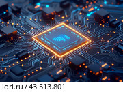 Микросхема со светящимися синими лампочками на печатной плате. Стоковое AI-изображение, AI-художник Максим Коломыченко / Фотобанк Лори