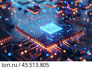 Микросхема со светящимися синими лампочками на печатной плате. Стоковое AI-изображение, AI-художник Максим Коломыченко / Фотобанк Лори
