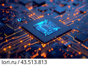 Микросхема со светящимися синими лампочками на печатной плате. Стоковое AI-изображение, AI-художник Максим Коломыченко / Фотобанк Лори