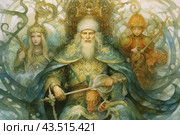 A group of characters made in fantasy style. In the center is an elderly man with a long gray beard and a serious expression on his face. He is dressed in richly decorated armor and holds a sword and scepter in his hands. To his right stands a young man in orange armor and a helmet, holding a musical instrument. On the left is a young woman with long blond hair, wearing an elaborate headdress and a scepter. All characters are surrounded by ornamental patterns and luminous elements, which gives the scene a mystical and magical atmosphere. Стоковое AI-изображение, AI-художник Анна Кривицкая / Фотобанк Лори
