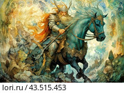 A powerful warrior, dressed in massive armor and a helmet with horns, sitting astride a majestic blue horse. The warrior holds a long spear in his hand, and his cloak flutters in the wind, creating the effect of movement. Around them one can see fantastic patterns and figures, as if drawn in the whirlwind of battle. The painting is made in bright, rich colors, emphasizing the drama and epicness of the scene. Стоковое AI-изображение, AI-художник Анна Кривицкая / Фотобанк Лори