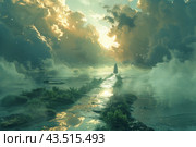 A mysterious and fantastic landscape where clouds like waves fill the space. In the center of the scene, a man in a long cloak walks along a narrow path leading to light breaking through the clouds. The path is surrounded by greenery and reflected in the water, creating a feeling of unreality and magic. Fog and soft lighting add a mystical and fairy-tale atmosphere to the image. Стоковое AI-изображение, AI-художник Анна Кривицкая / Фотобанк Лори