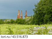 Pipes of old lime kilns on the abandoned marble and lime factory on a frosty January morning. Ruskeala, Karelia. Russia. Стоковое фото, фотограф Ольга Сейфутдинова / Фотобанк Лори
