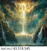 Golden Light Emanating From Jesus Ascendancy Amidst Heavenly Waterfalls. Стоковое AI-изображение, AI-художник Юлия Гапеенко / Фотобанк Лори