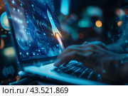 Крупный план рук, печатающих на ноутбуке, взлетающая ракета. Стоковое AI-изображение, AI-художник Anna Leeva / Фотобанк Лори
