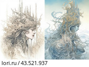 Art Nouveau style illustration divided into two parts, each depicting the profile of a woman. The left side is made in warm beige tones, the right - in cool blue shades. Both women are surrounded by complex patterns and structures reminiscent of architectural elements and natural forms. The women's hair intertwines with these elements, creating a feeling of unity with the environment. Their faces express calmness and thoughtfulness. The painting conveys a sense of harmony and beauty, ideal for use in decorative and artistic projects. Стоковое AI-изображение, AI-художник Анна Кривицкая / Фотобанк Лори