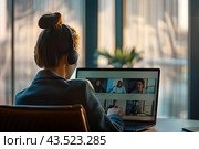 Молодая девушка за ноутбуком, видеоконференция. Стоковое AI-изображение, AI-художник Щеголева Ольга / Фотобанк Лори