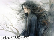 The color scheme of the work is made in gray-blue and soft green tones, creating an atmosphere of melancholy and mystery. The composition of the work conveys a sense of movement and wind, emphasizing the subtlety and ephemerality of the moment. The painting was made using watercolor technique, which adds lightness and airiness to it. Стоковое AI-изображение, AI-художник Анна Кривицкая / Фотобанк Лори