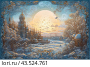 Winter landscape with fantastic castles covered in snow, against the backdrop of a huge moon-shaped sun rising on the horizon. The entire stage is shrouded in a magical atmosphere, creating the impression of a fairy-tale world. The castles are decorated with elegant details and look majestic against the backdrop of snow-covered trees and houses. The painting is framed with decorative patterns that add artistic style and completeness to the image. Стоковое AI-изображение, AI-художник Анна Кривицкая / Фотобанк Лори