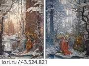 Fantasy winter scene, made in the style of fairy tale illustrations. The forest is covered with snow, the trees are tall and gracefully curved. At the center of the composition are several characters in bright, detailed costumes reminiscent of images from myths and legends. One of the characters is dressed in a bright suit with horns and leaves, the other in a long cloak with magical symbols. The atmosphere of the image is imbued with magic and mystery, creating a feeling of immersion in a fairy-tale world. Стоковое AI-изображение, AI-художник Анна Кривицкая / Фотобанк Лори