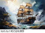 A majestic sailing ship sailing through stormy waters near a rocky shore. The ship has three masts with spread sails filled with wind. The landscape around is full of dynamics: powerful waves crash against the rocks, a single-eyed tree grows on the shore, and the sky is filled with flying leaves and feathers, which creates a feeling of movement and adventure. The ship looks ready for a long journey, reminiscent of the times of great sailors and explorers. Стоковое AI-изображение, AI-художник Анна Кривицкая / Фотобанк Лори