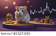Cartoon hamster on purple platform with Bitcoin coins on Vibrant Pink and Blue Background. Hamster kombat game on cryptocurrency mining, concept of mini games on cryptocurrency earning. Стоковое AI-видео, аниматор Терехова Марина / Фотобанк Лори